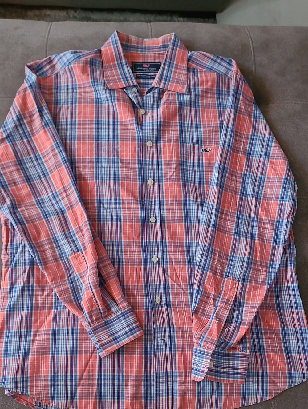 Vineyard Vines Coral and Blue Plaid Button-Down Shirt